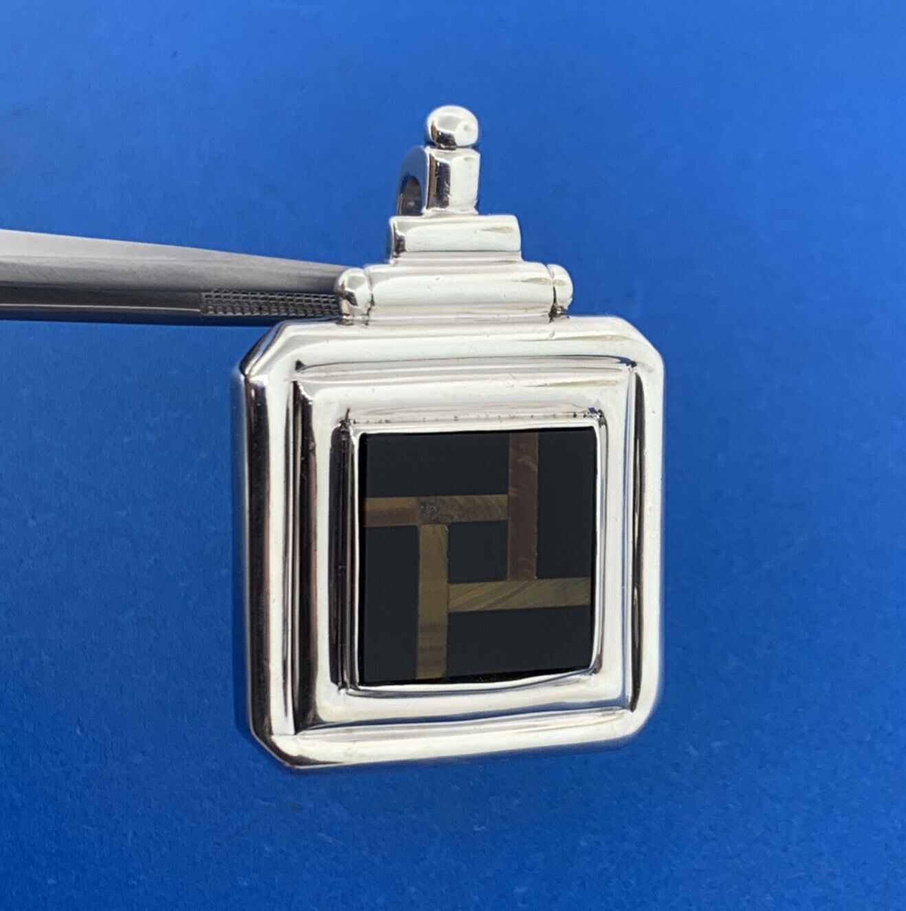 Designer 925 Sterling Silver Black Onyx Tiger Eye Inlay Square Statement Pendant