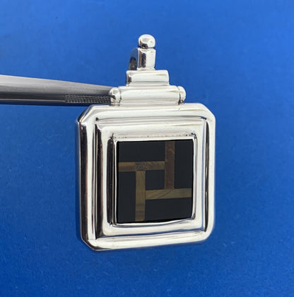 Designer 925 Sterling Silver Black Onyx Tiger Eye Inlay Square Statement Pendant