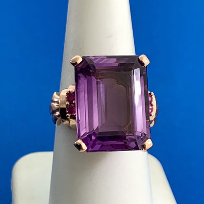 Estate Emerald Cut Amethyst Ruby Accents 14K Rose Gold Statement Cocktail Ring