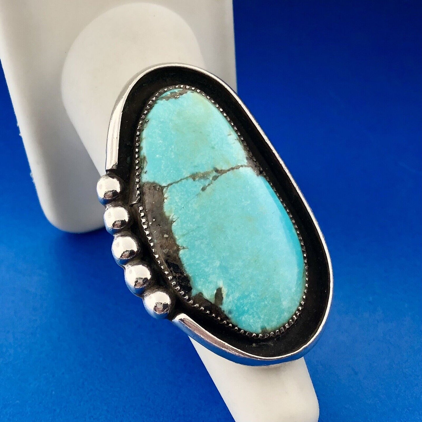 Mid Century Signed Dated Native American Sterling Silver Turquoise Finger Ring
