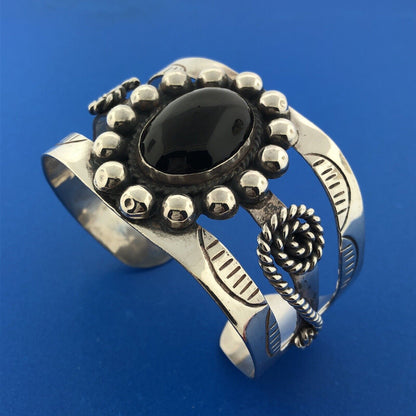Estate Mexico 925 Sterling Silver Oval Black Onyx Concho Statement Cuff Bracelet