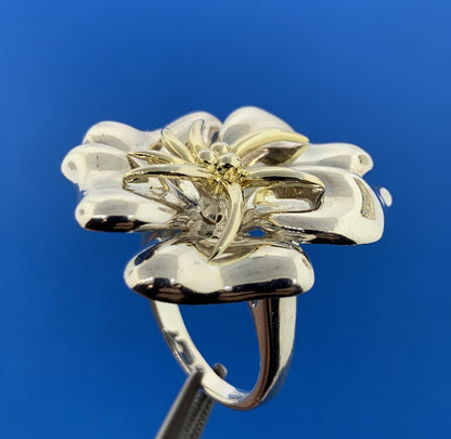 Designer China Sterling Silver 10K Gold Accent Flower Hibiscus Plumeria Ring