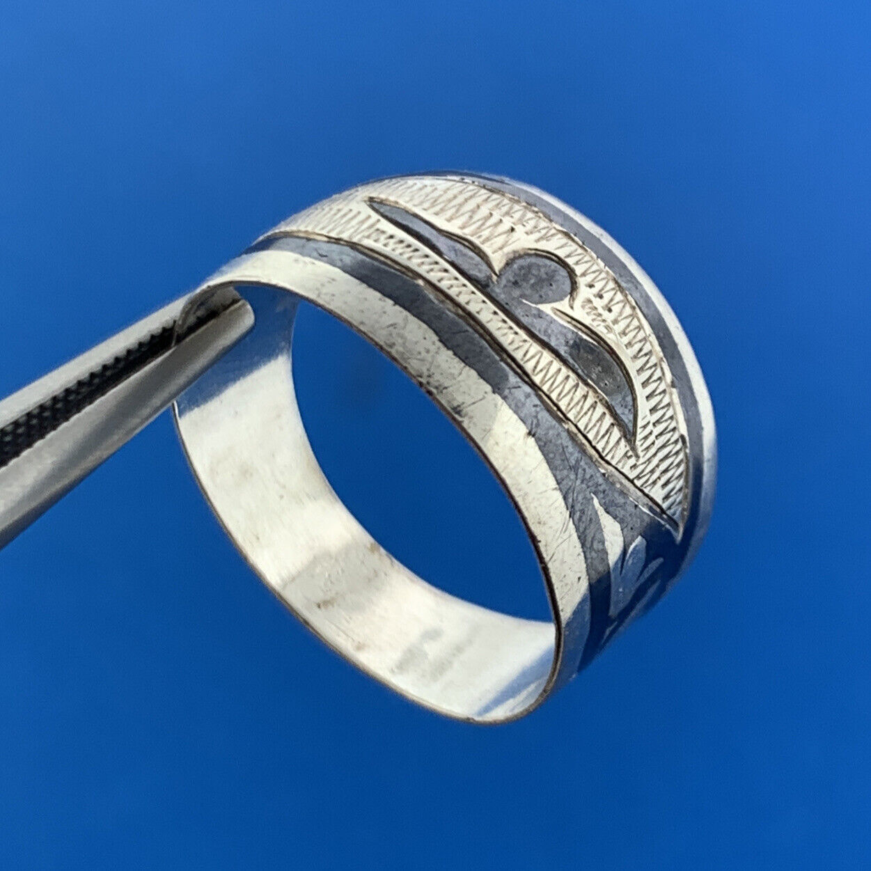 Vintage 925 Sterling Silver Niello Floral Design Statement Cigar Band Ring