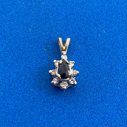 Vintage 14K Yellow Gold Pear Cut Blue Sapphire Diamond Halo Teardrop Pendant