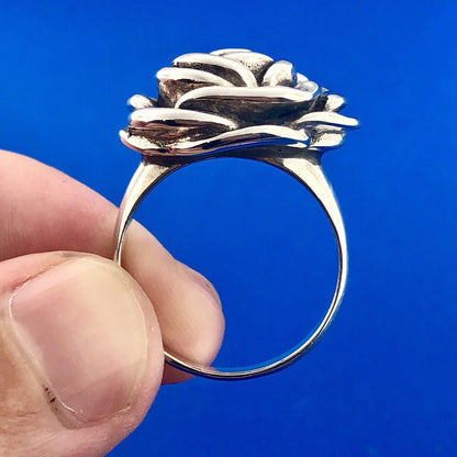 Fun 925 Sterling Silver Textured Rose Camellia Flower Statement Ring