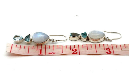Vintage YS 925 Sterling Silver Moonstone Blue Topaz Tourmaline Dangle Earrings