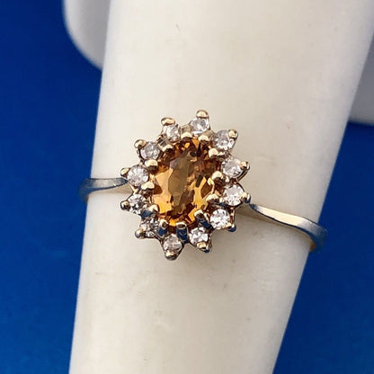 Vintage 10K Yellow Gold Oval Citrine Diamond Halo Engagement Cocktail Ring