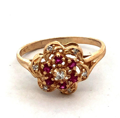 Designer HJW 14K Yellow Gold Round Diamond Ruby Flower Cocktail Ring