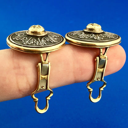 Signed Paul Lantuch 18K Yellow Gold 925 Sterling Silver Mask Disc Earrings