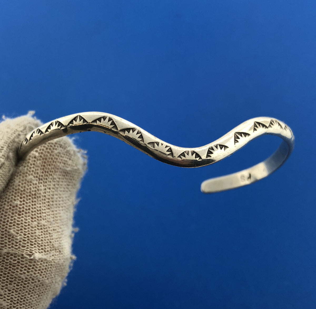 Native American PS Signed Sterling Silver 925 Snake Wave Design Cuff Bracelet