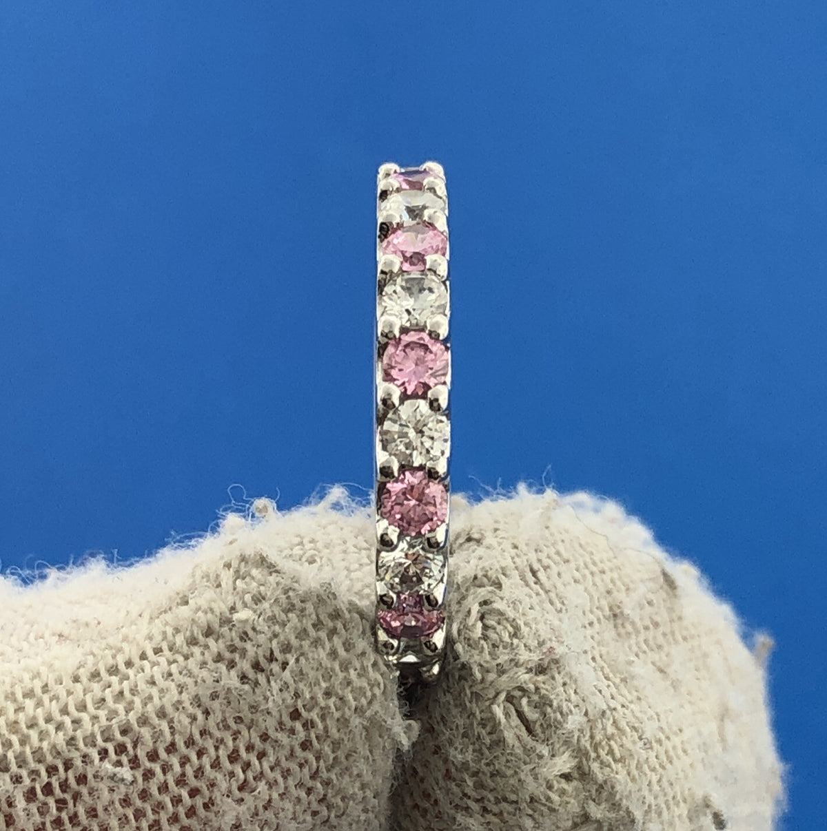 Stunning Sterling Silver 925 Round Cut Pink White Sparkling CZ Band Ring Size 6