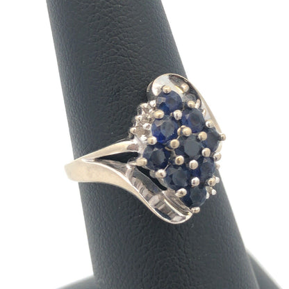 Designer 10K White Gold Round Sapphire Cluster W/Diamond Accents Cocktail Ring