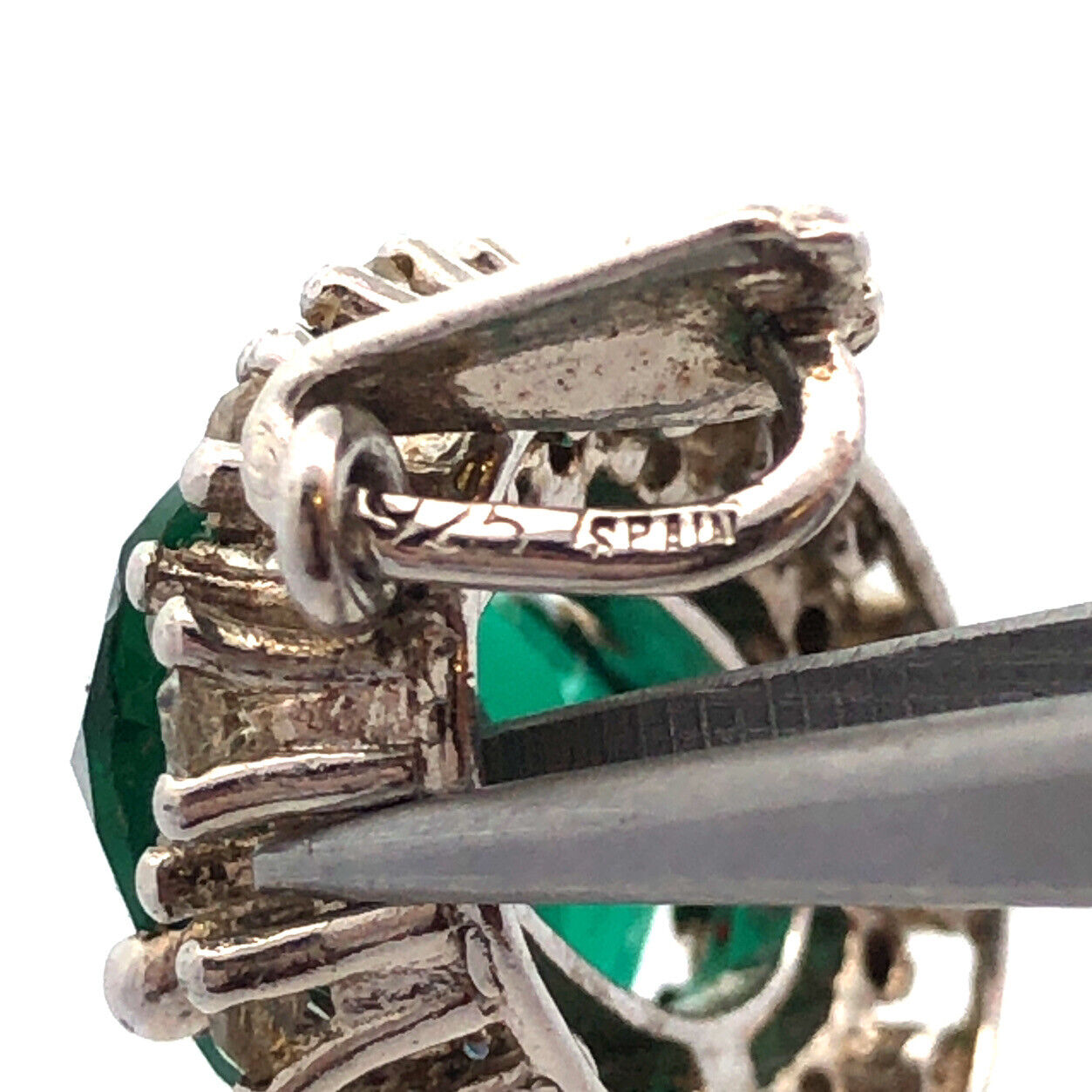 Estate 925 Sterling Silver Oval Green Round White Cubic Zirconia CZ Pendant