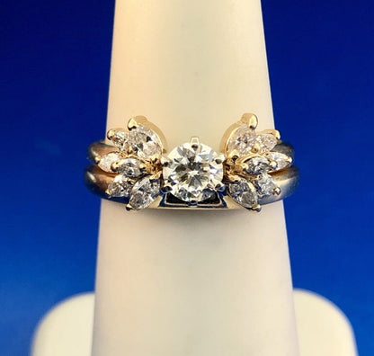 14K Yellow Gold Diamond Solitaire Floral Accent Guard Engagement Bridal Ring Set
