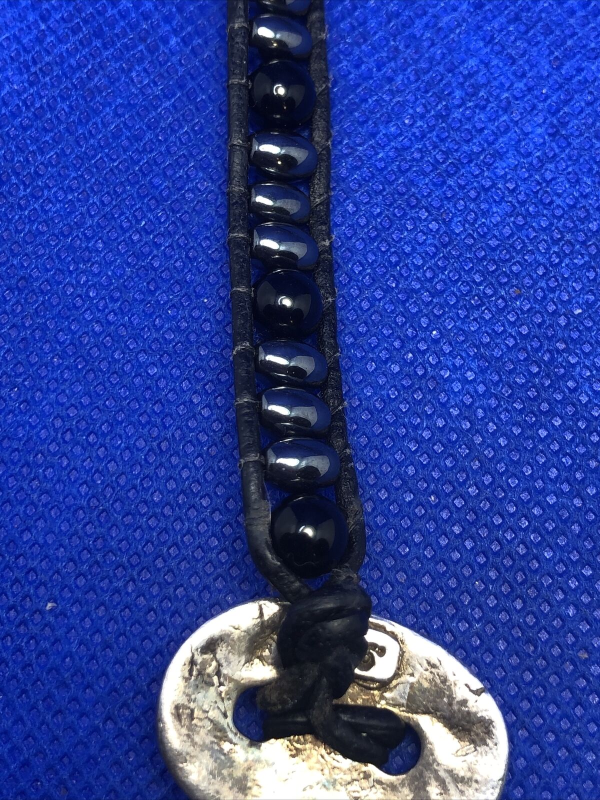 Unisex 999 Fine Silver Medallion Black Onyx Hematite Bead Black Leather Bracelet