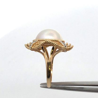 Gorgeous 14k Yellow Gold Mabe Pearl Wavy Braid Diamond Accent Ring Size 6.75