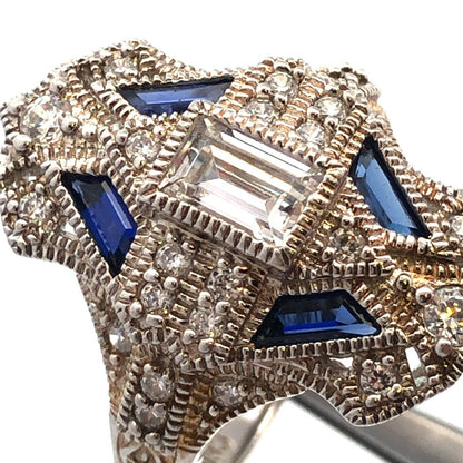Art Deco Style 925 Sterling Silver Cubic Zirconia Blue Spinel Statement Ring