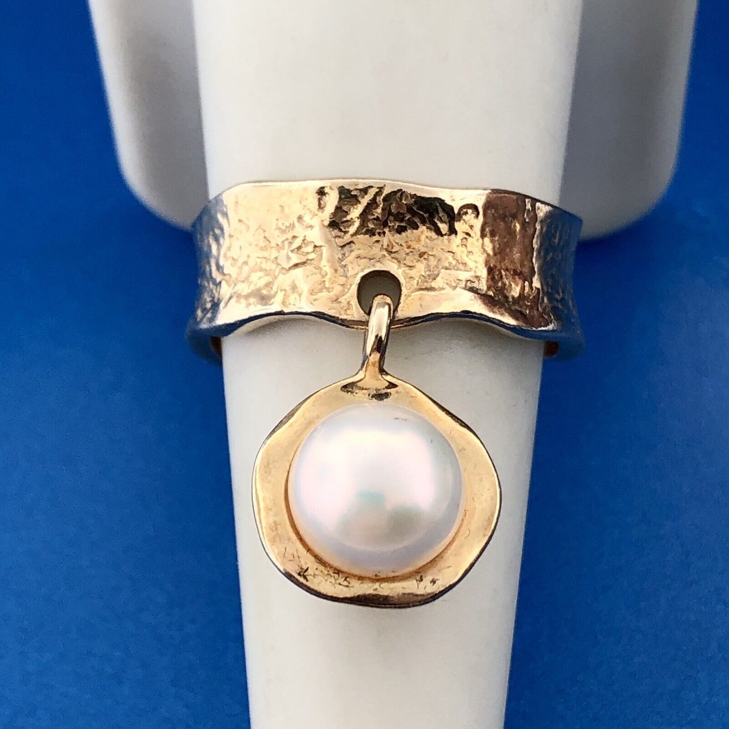 Designer LIRM Israel 925 Sterling Vermeil Pearl Dangle Charm Cocktail Ring