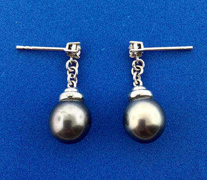 Stunning 14K White Gold Black Pearl Diamond Dangle Drop Earrings