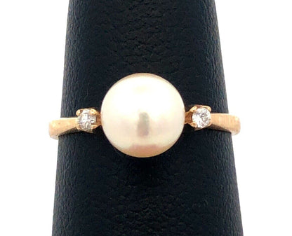 Estate 14K Yellow Gold Round White Pearl Solitaire Diamond Anniversary Ring