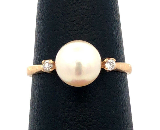 Estate 14K Yellow Gold Round White Pearl Solitaire Diamond Anniversary Ring