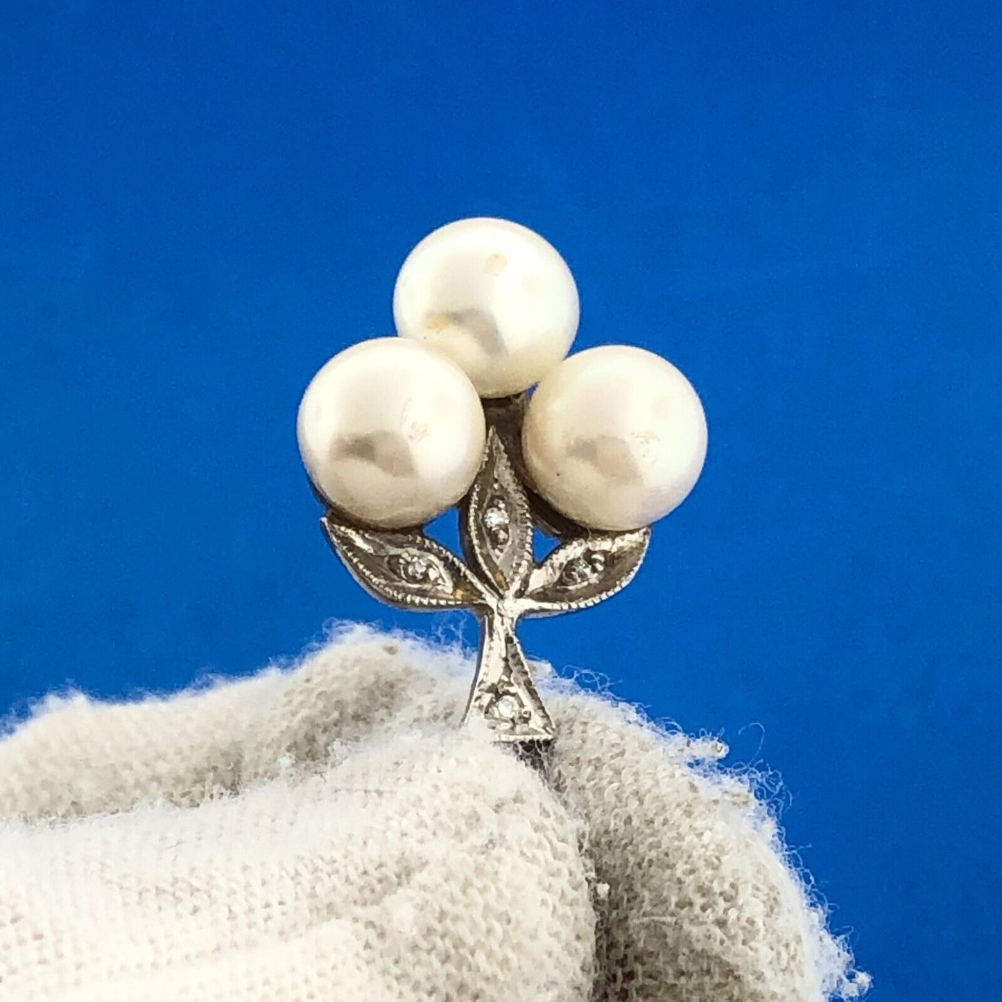 Mid Century 14K White Gold Pearl Trio Diamond Accented Wedding Drop Pendant
