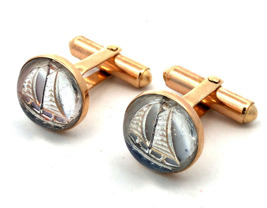 Vintage 14K Yellow Gold Enamel Acrylic Sailboat Sailing Sea Themed Cufflinks