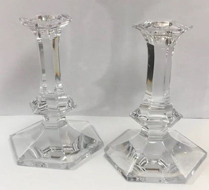 Val St Lambert Elysee Pattern Belgium Crystal Cut Glass Pair of Candlesticks