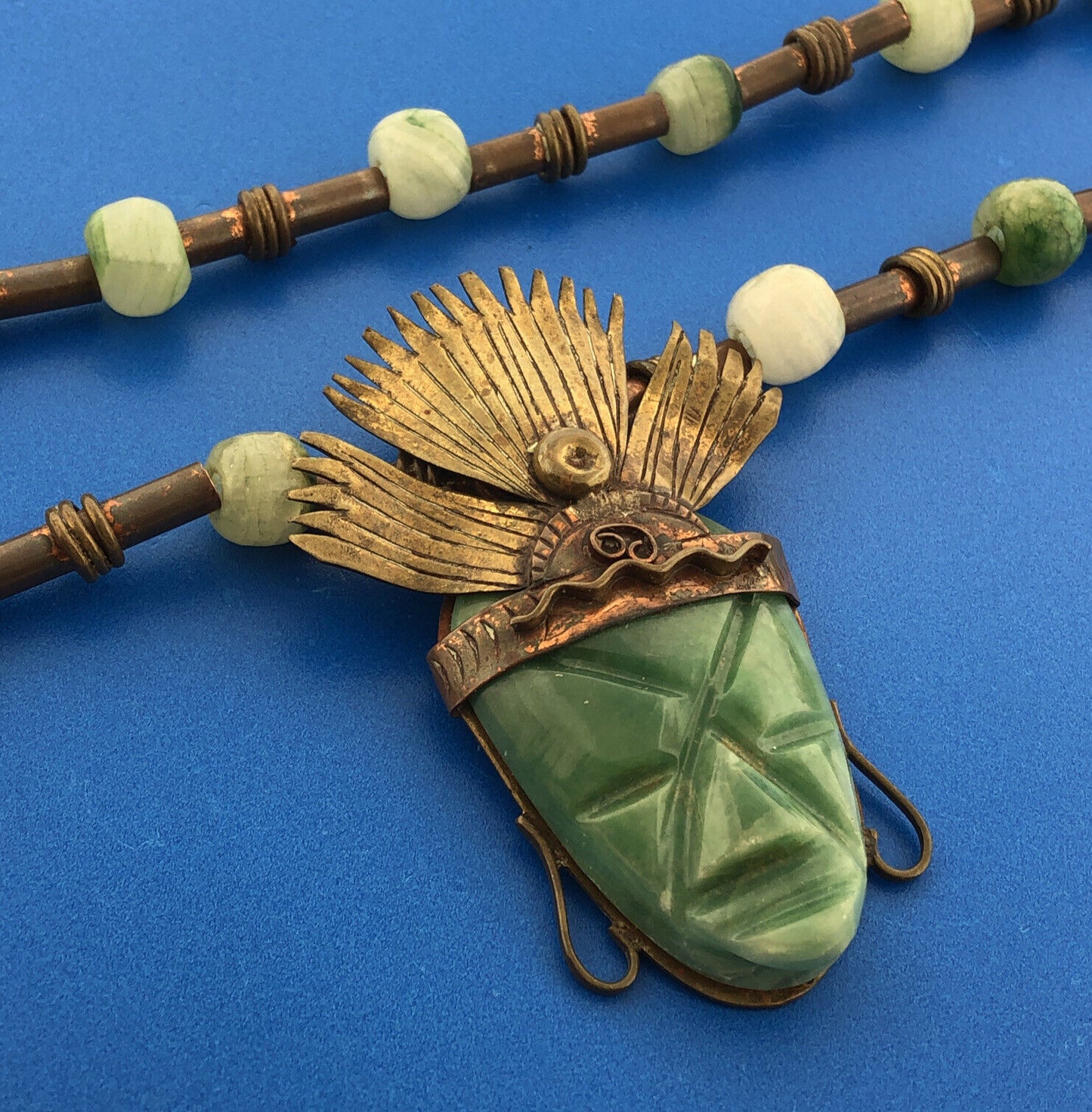 Casa Maya Mexico Brass Copper Jade South American Aztec Head 26" Tribal Necklace
