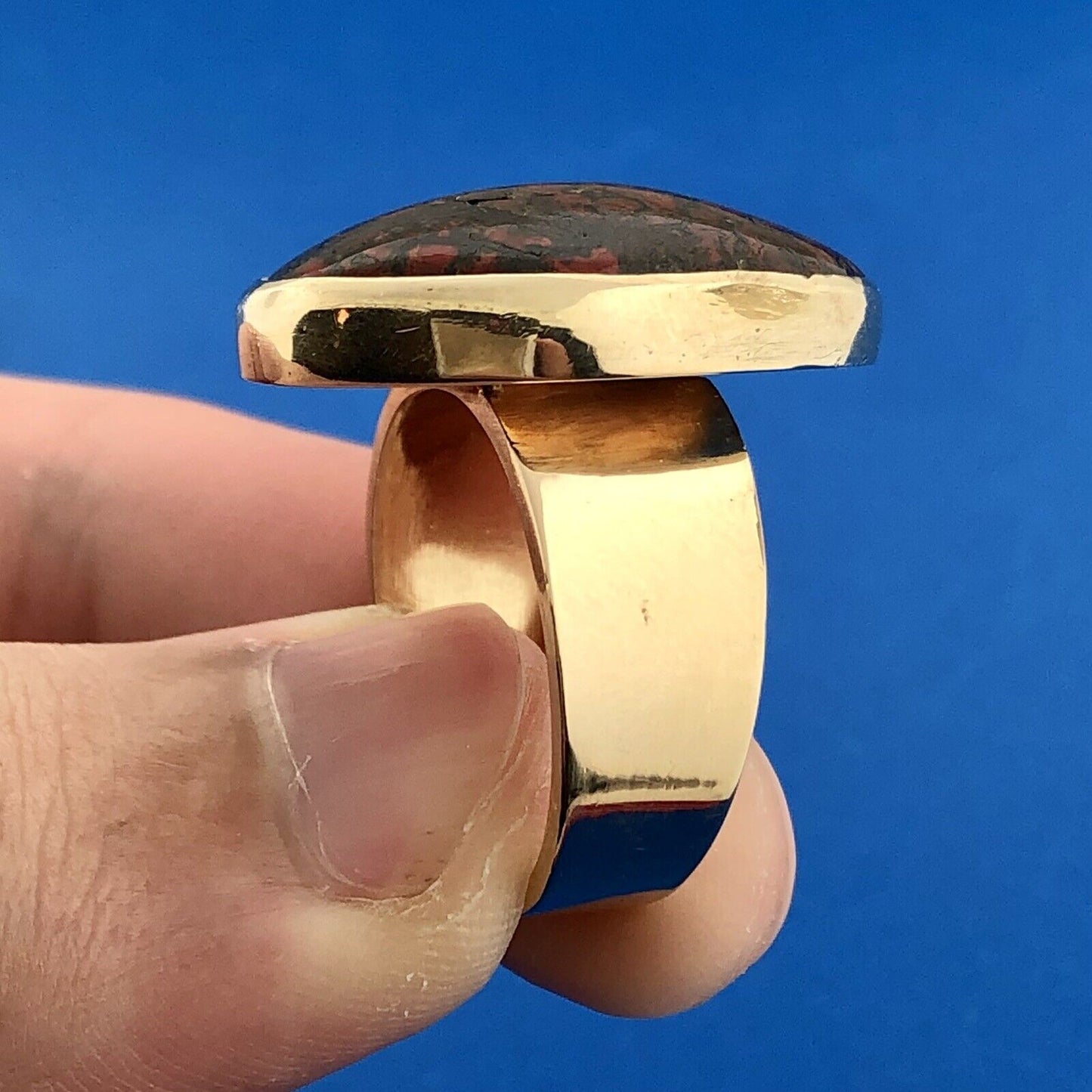 Modernist 14K Yellow Gold Oval Red And Black Gemstone Statement Cocktail Ring