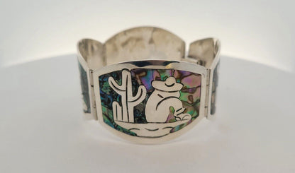 Vintage Mexico Taxco CS Sterling Silver Abalone Inlay Oval Panel Cuff Bracelet