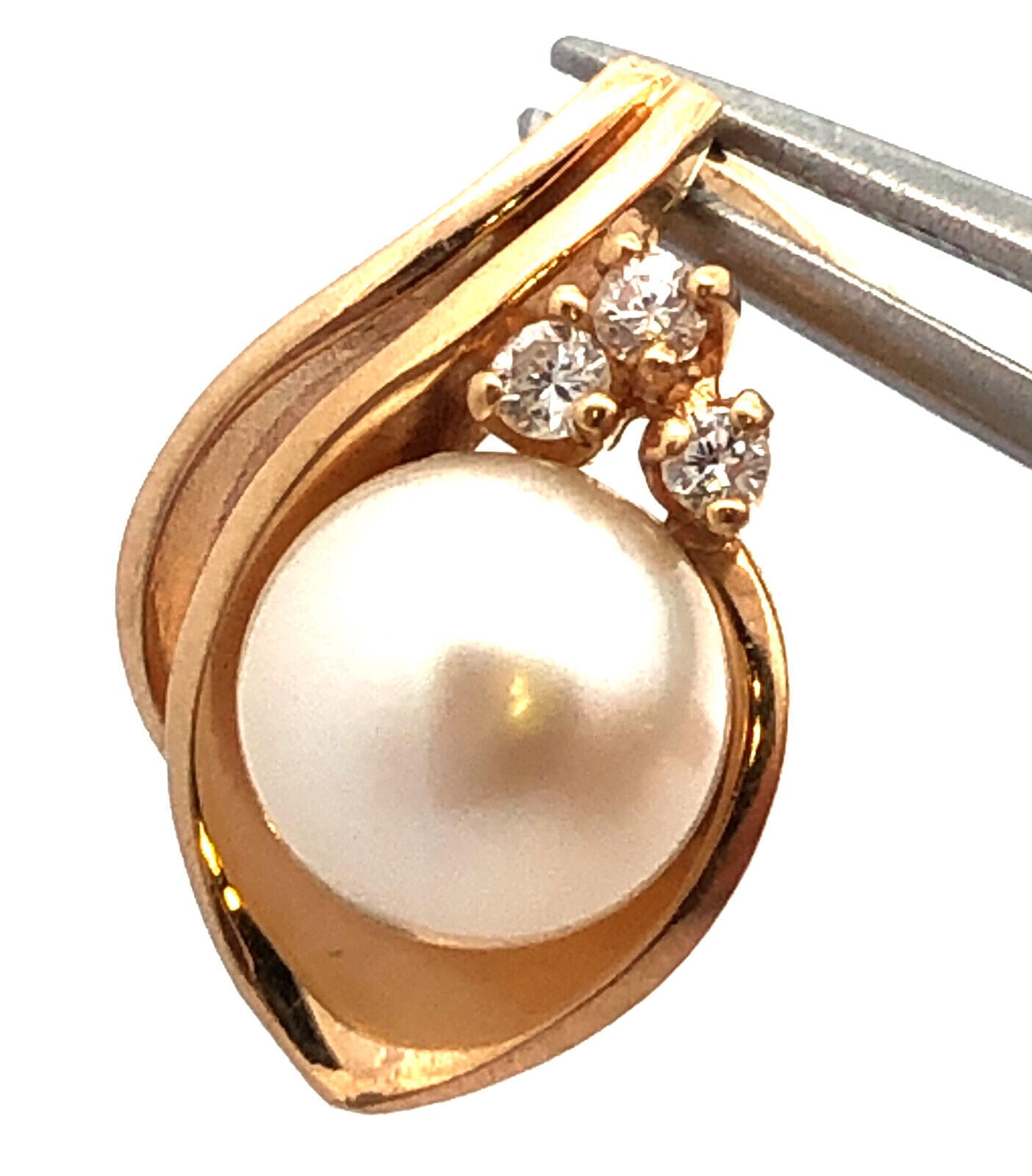 Vintage 14K Yellow Gold Cream Pearl Diamond Accent Modernist Drop Pendant