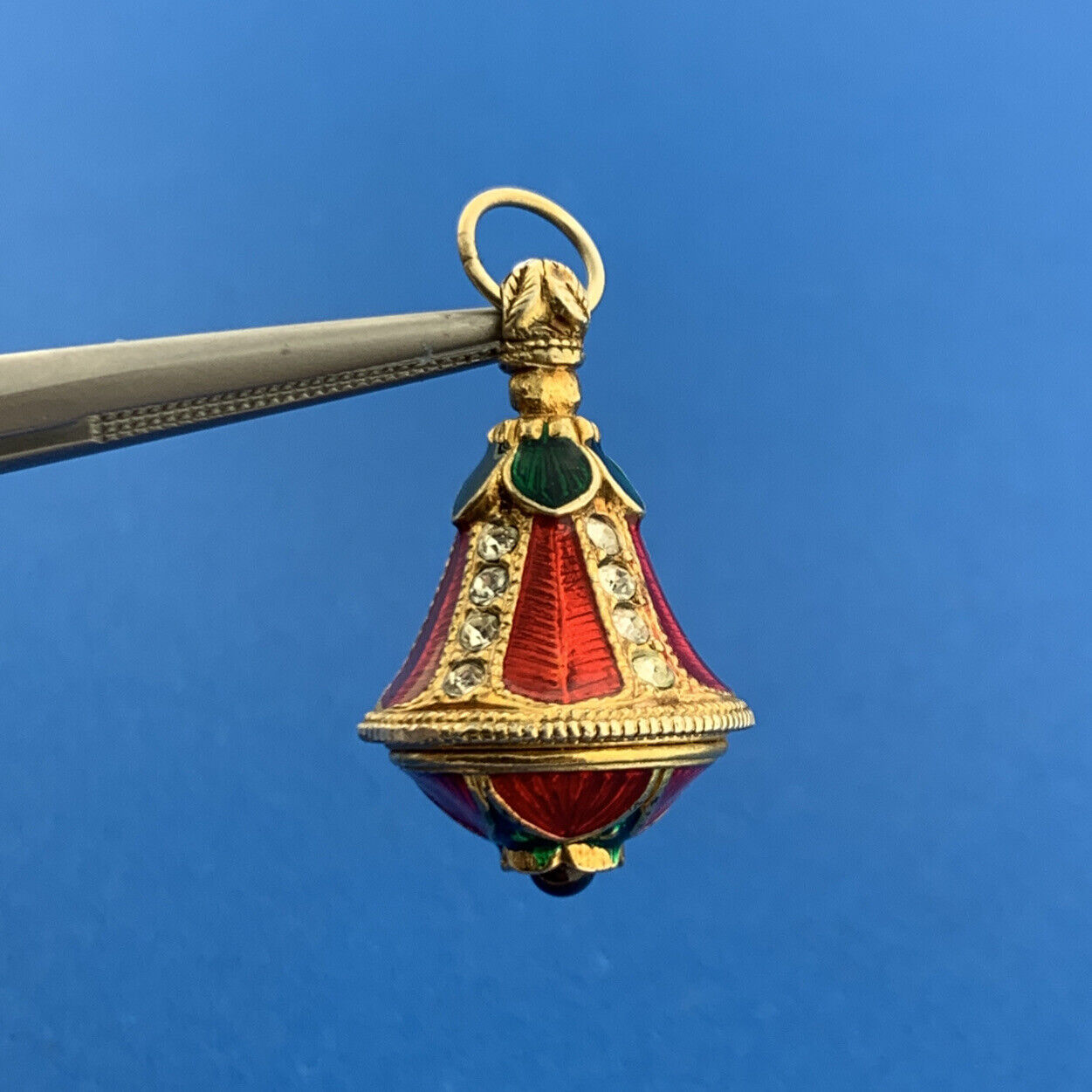 Sterling Silver 925 Vermeil Green Red Enamel CZ Christmas Bell Pendant Charm