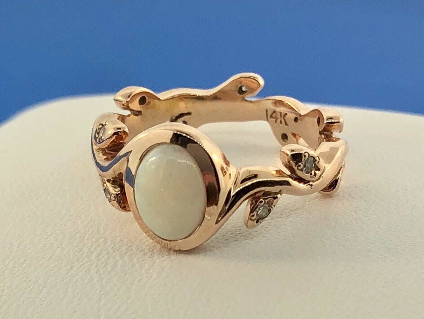 Unusual 14k Rose Gold Opal Diamond Vine Leaf Flower Motif Band Ring