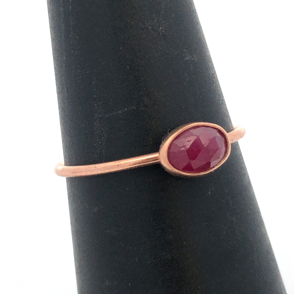 Modernist 14K Rose Gold Oval Ruby Solitaire Stackable Size 5.75 Ring