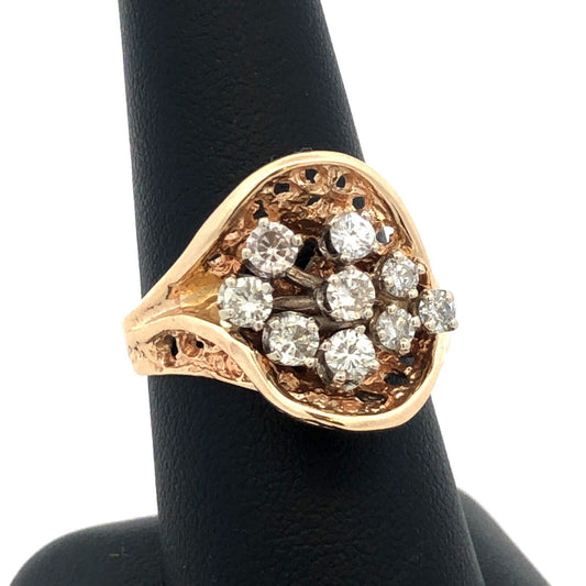 Estate 14K Yellow Gold Round Diamond Cluster Nugget Statement Ring