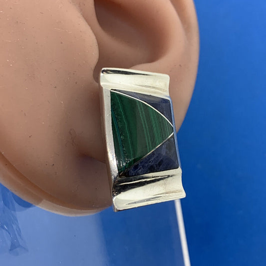 Escorcia Taxco Mexico 950 Silver Lapis Lazuli Malachite Inlay Modernist Earrings