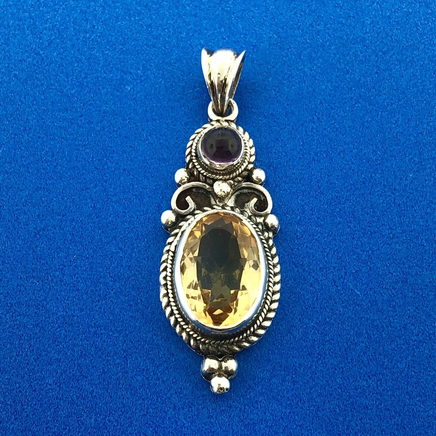 Stunning Sterling Silver 925 Oval Cut Citrine Amethyst Filigree Dangle Pendant