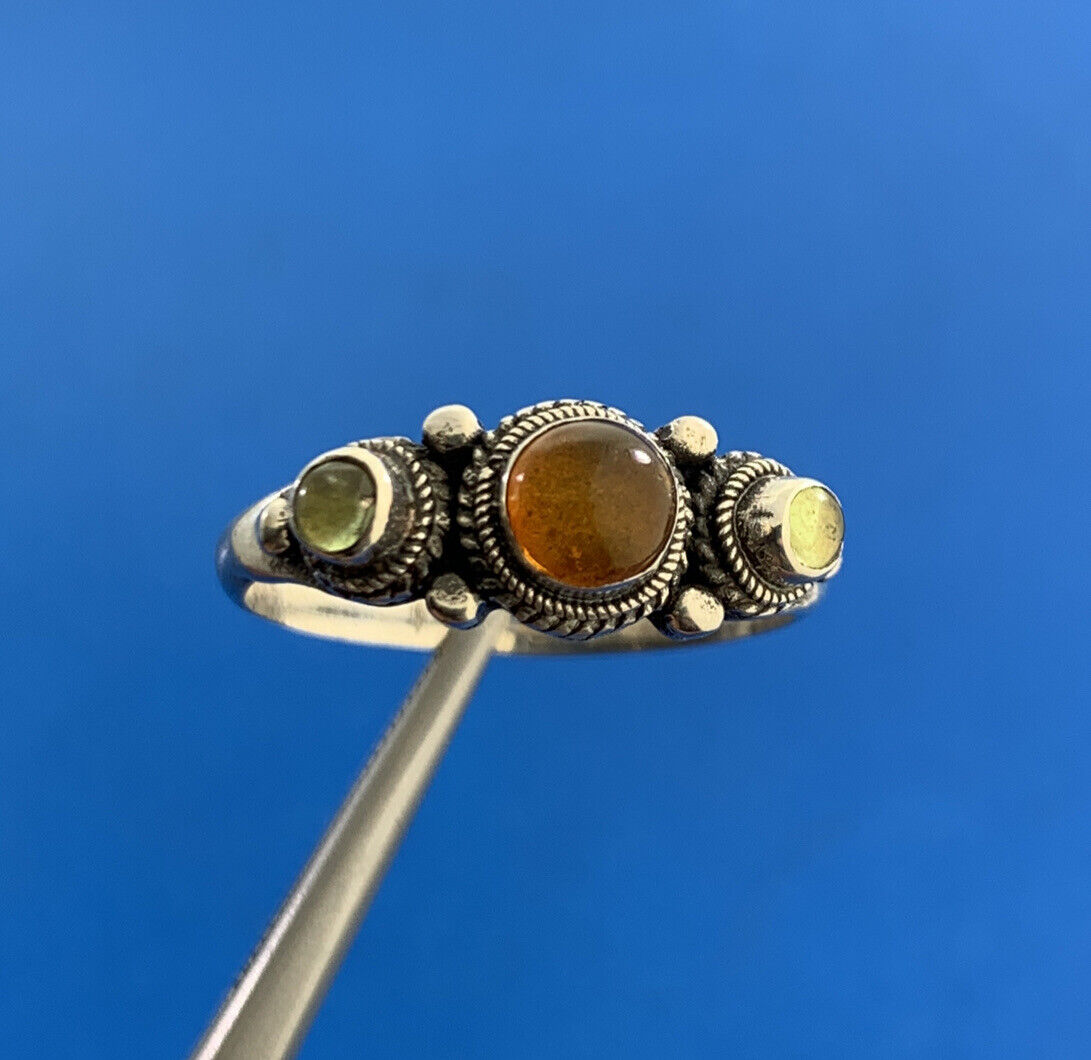 Estate 925 Sterling Silver Amber Peridot Accented Balinese Style Size 8 Ring