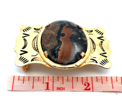 Retro Gold Tone Brass Southwestern Etched Oval Volcanic Stone Unisex Belt Buckle
