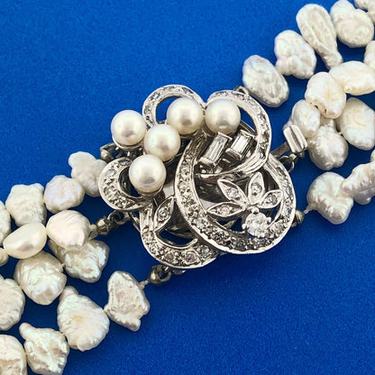 Gorgeous 14k White Gold Diamond Pearl & Keshi Pearl 4 Strand Statement Necklace