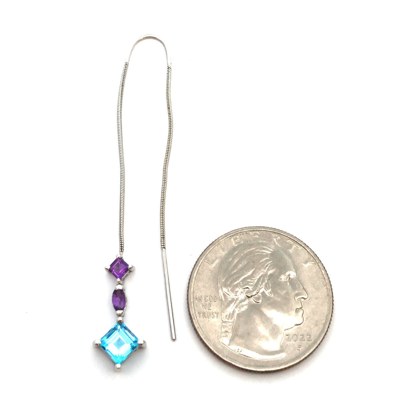 Designer 14K White Gold Blue Topaz and Amethyst Dangle Threader Earrings