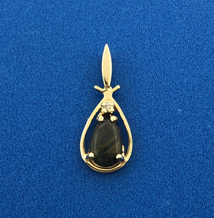 Gorgeous 14k Yellow Gold Cabochon Pear Hematite Diamond Teardrop Pendant