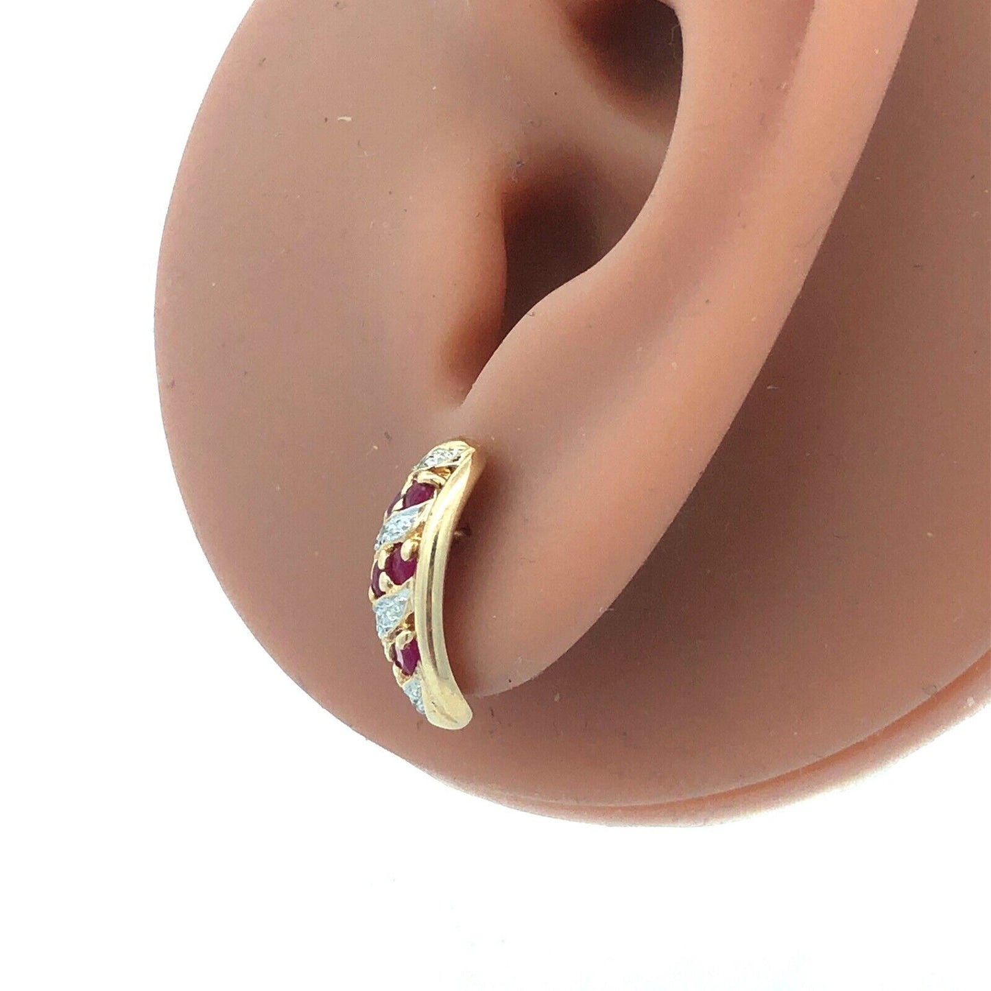 Designer 14K Yellow Gold Round Ruby Diamond Textured Oval Stud Earrings