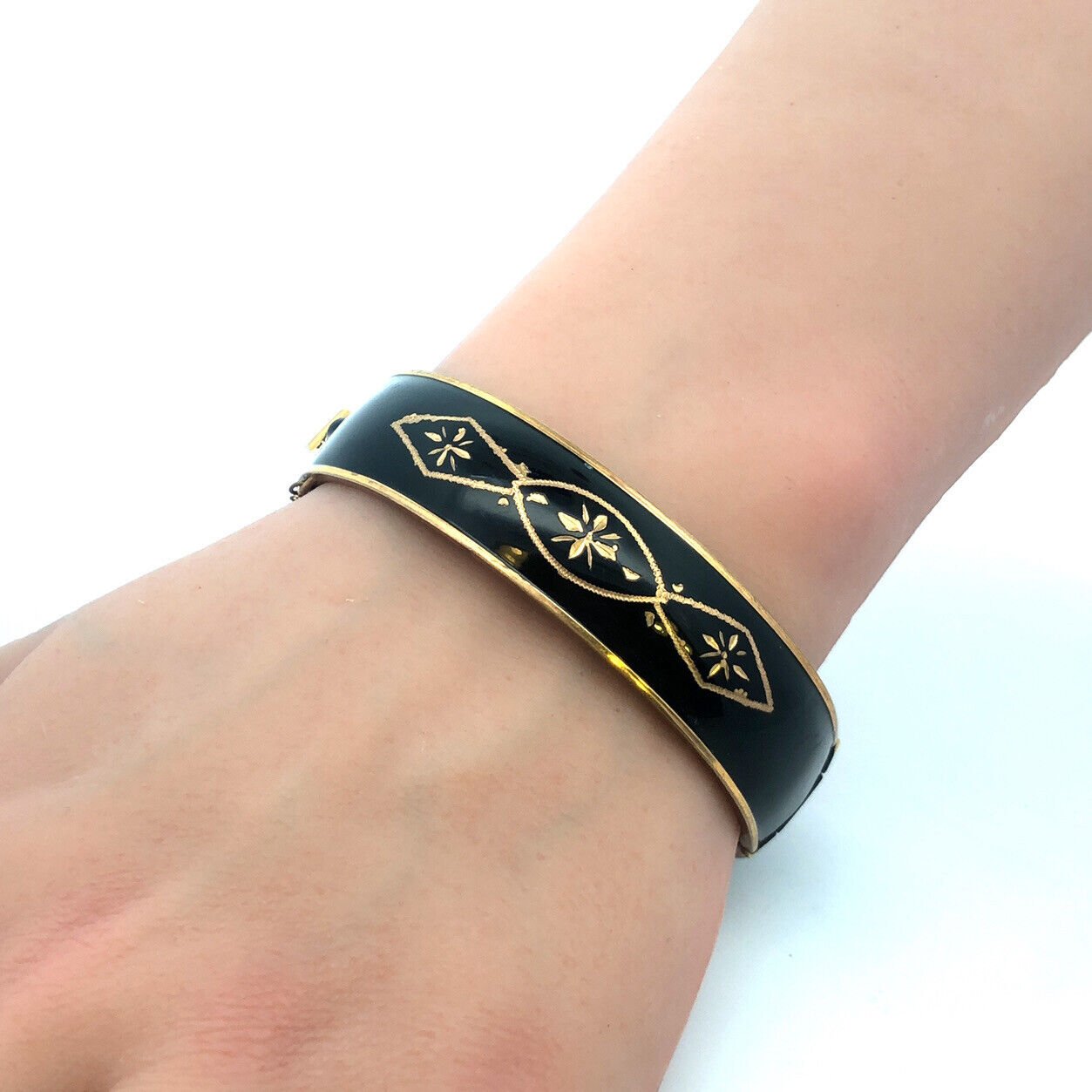 Vintage Gold Tone Black Enamel Gold Tone Floral Inlay Hinged Cuff Bracelet