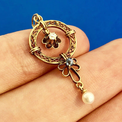 Art Nouveau 10K Yellow Gold Diamond Blue Topaz Pearl Drop Dangle Pendant