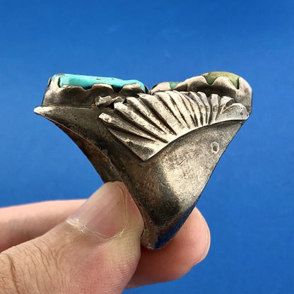 Navajo P Padilla Signed 925 Sterling Silver Chunky Green Blue Turquoise Ring