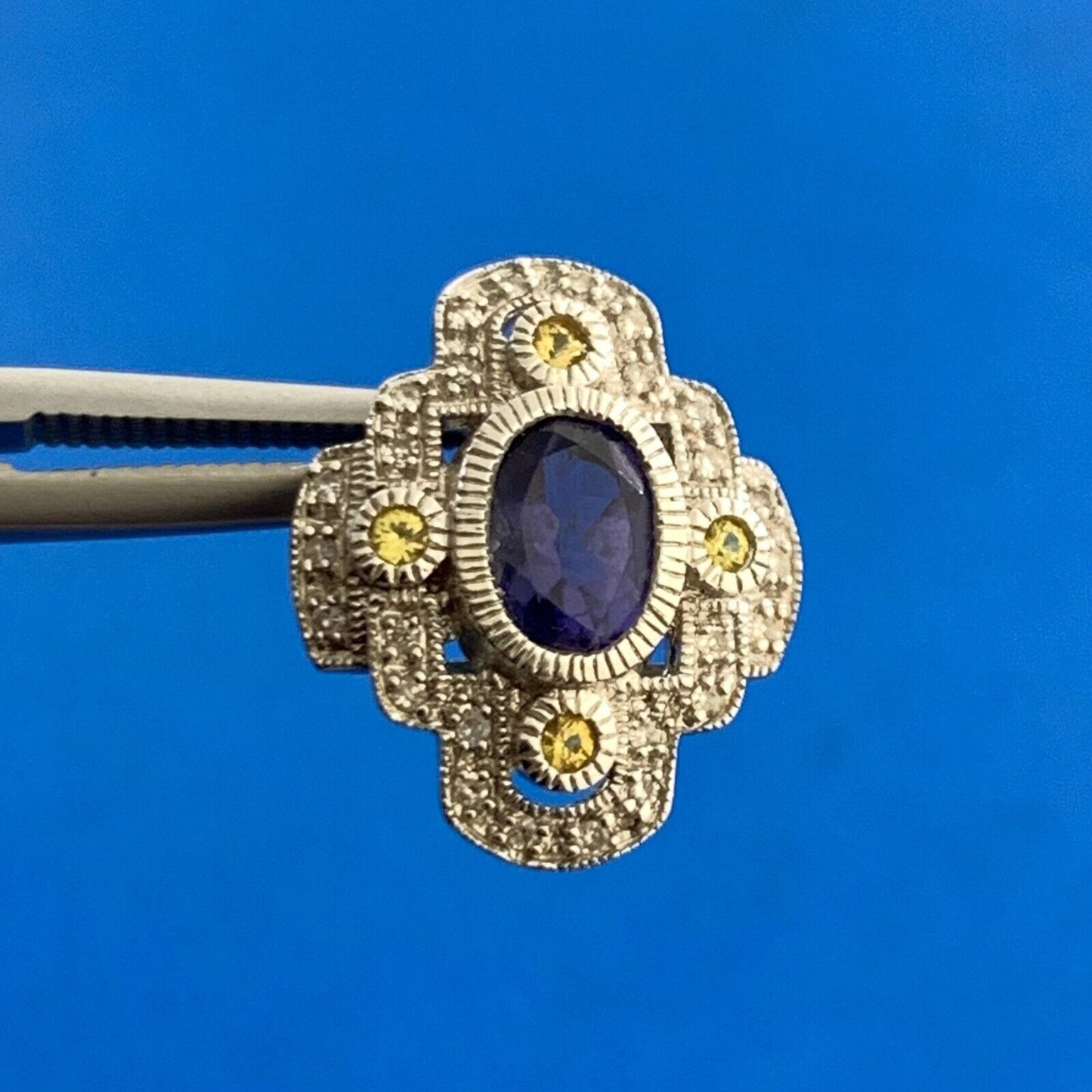 Designer 10K White Gold Oval Tanzanite Yellow Topaz Diamond Stud Earrings