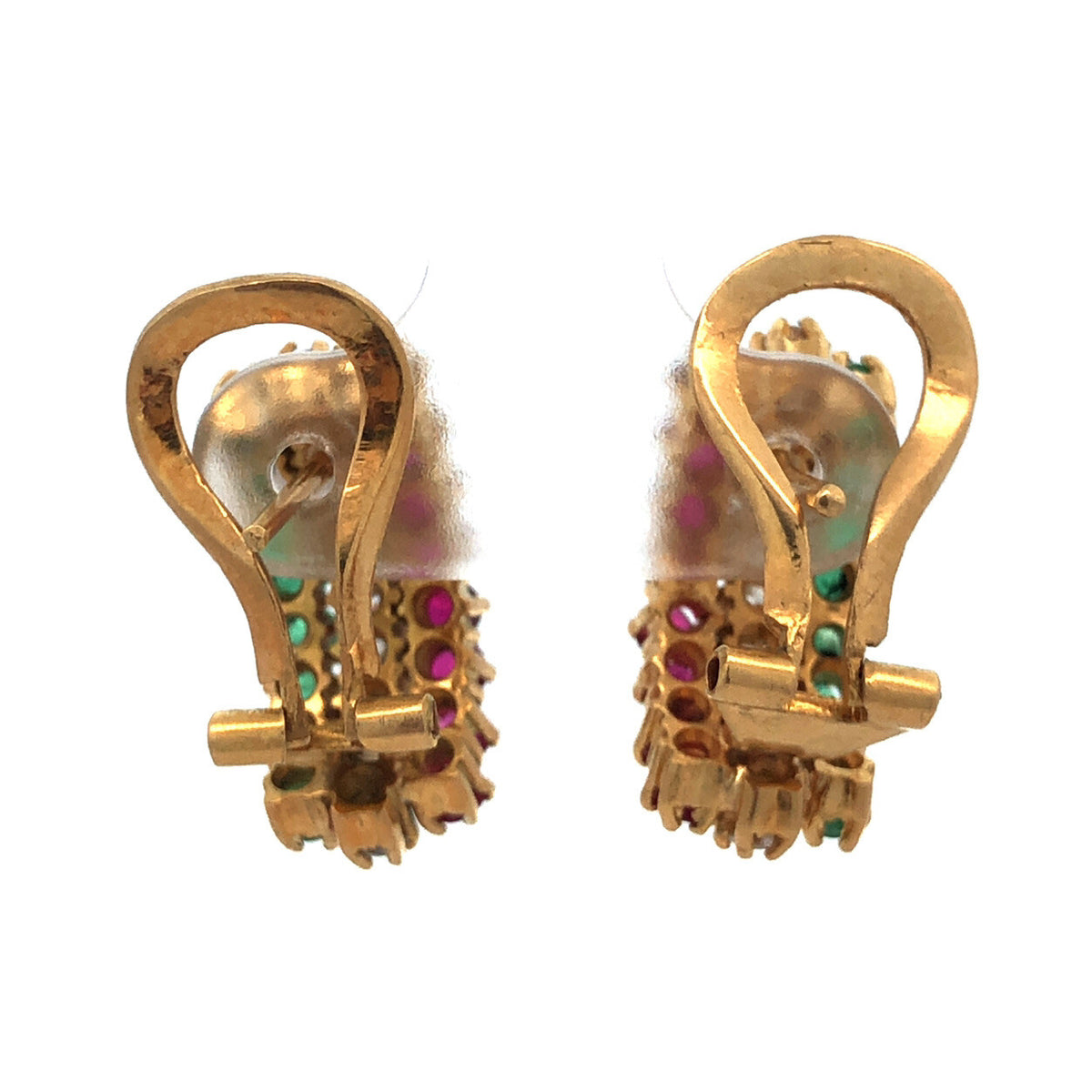 18K Yellow Gold Ruby Emerald Diamond Shrimp Omega Back Earrings