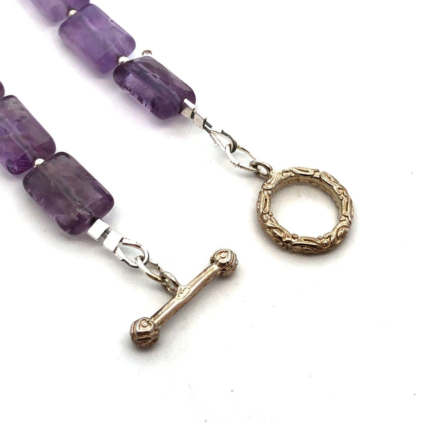 Vintage 925 Sterling Silver Rectangle Faceted Purple Amethyst Beaded Necklace